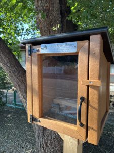 Close shot of wooden Little Free Library with tree in background